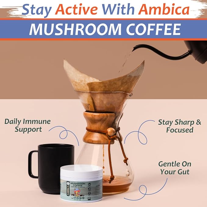 Ambica Instant Mushroom Coffee Ground USDA Organic With Ten Mushroom Coffee with Lion’s Mane Reishi Cordyceps &amp Chaga for Immnue Support &amp Gut Health Better Energy &amp Focus 24 Servings