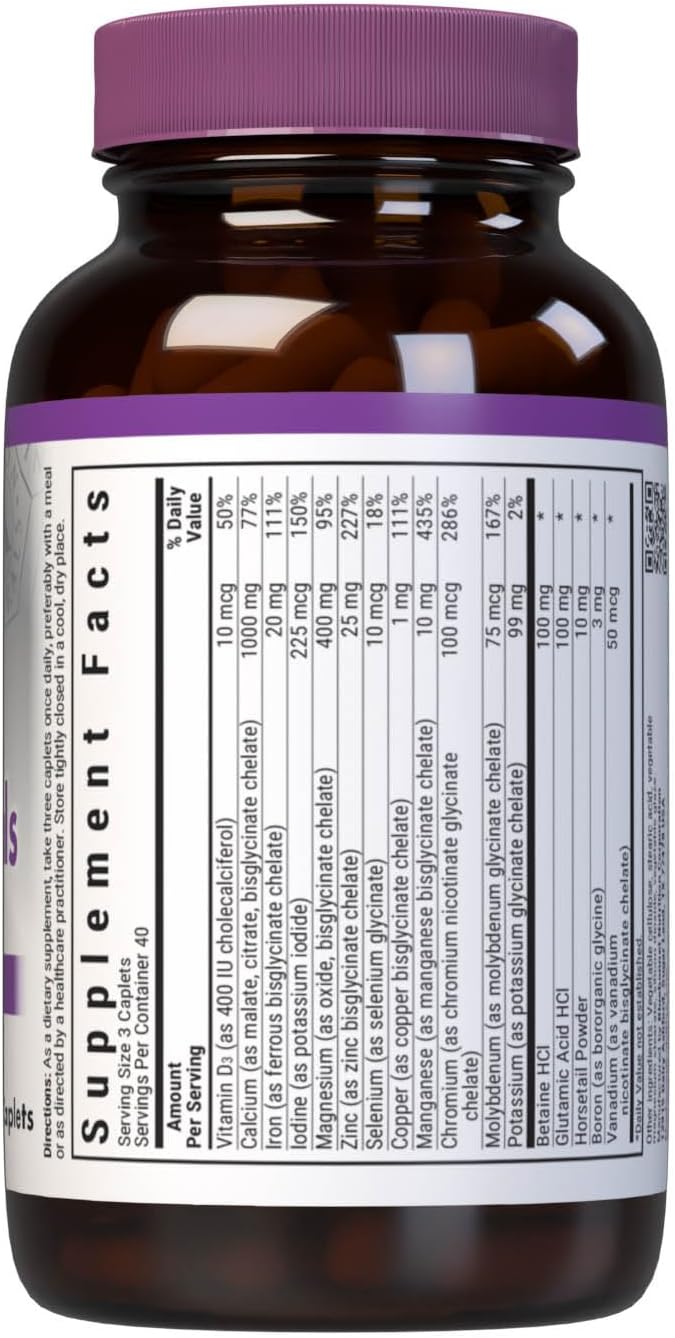 Bluebonnet Nutrition High Potency Chelated Multiminerals Albion Chelated Minerals Soy-Free Gluten-Free Non-GMO Kosher Certified Dairy-Free 120 Caplets 40 Servings