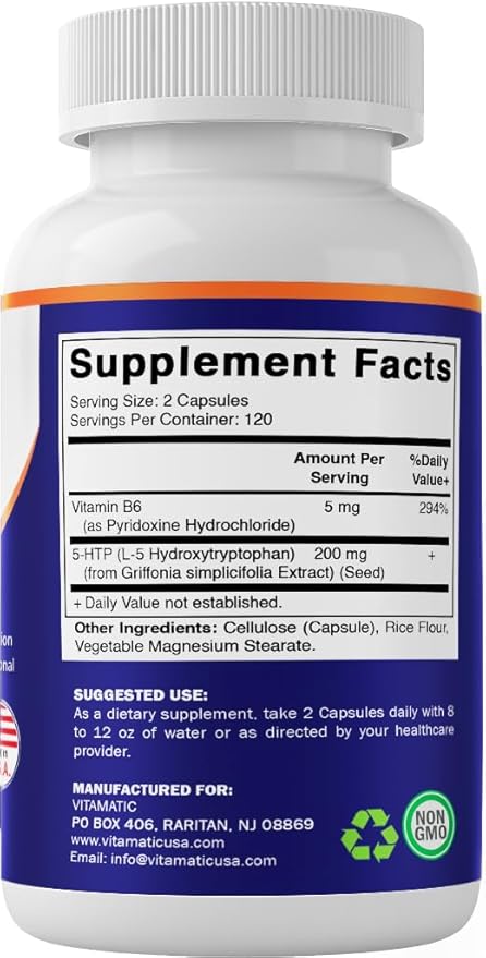Vitamatic 5-HTP 200mg with B6 5mg Per Serving - 240 Vegetarian Capsules (5-Hydroxytryptophan) - (Griffonia Simplicifolia Seed Extract)- 2 Pack