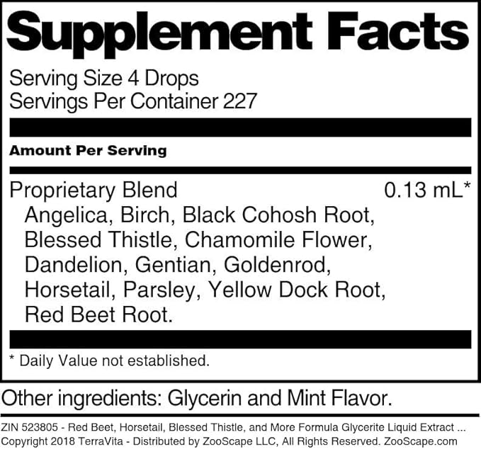 Terravita Red Beet Horsetail Blessed Thistle and More Formula Glycerite Liquid Extract (1:5) - Mint Flavored (1 oz ZIN: 523805)