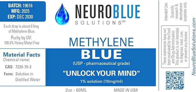 NeuroBlue Solutions - Methylene Blue 120ml 1% - Pharmaceutical Grade Cognitive and Cellular Support – Third-Party Verified Brain Health Dietary Supplement for Humans (2 Oz) 2-Pack