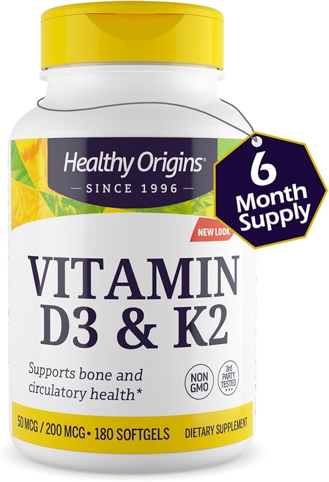 Healthy Origins Vitamin D3 2000 IU (50 mcg) &amp Vitamin K2 200 mcg (MK-7) 180 Liquid Softgels - High Potency Synergy for Calcium Absorption