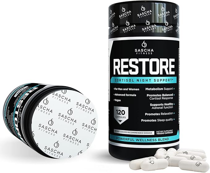 SASCHA FITNESS Cortisol Night Support Pills | Metabolism &amp Hormonal Balance | Promotes Quality Sleep | Restore | Vegan Weight Loss Supplement – 120 Natural Capsules