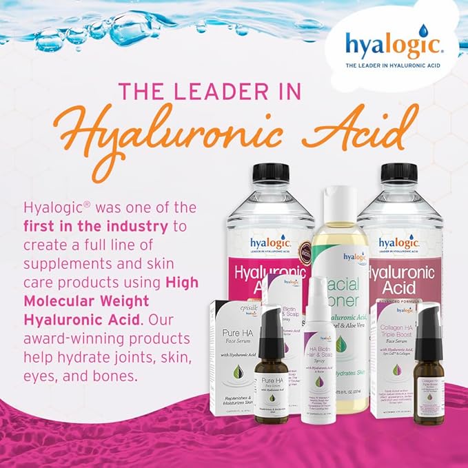Hyalogic Liquid Hyaluronic Acid Supplement - Support for Healthy Hair Skin and Nails with 5000 mcg Biotin and 50mg MSM - Natural Hydration for the Whole Body - High Molecular Weight Formula - 12 oz