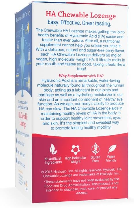 Hyalogic Hyaluronic Acid Chewable Lozenge - Chewable Tablets for Skin Care &amp Eyes – Vegan Sugar-Free and Berry Favored Hyaluronic Acid Supplements (60 Count)