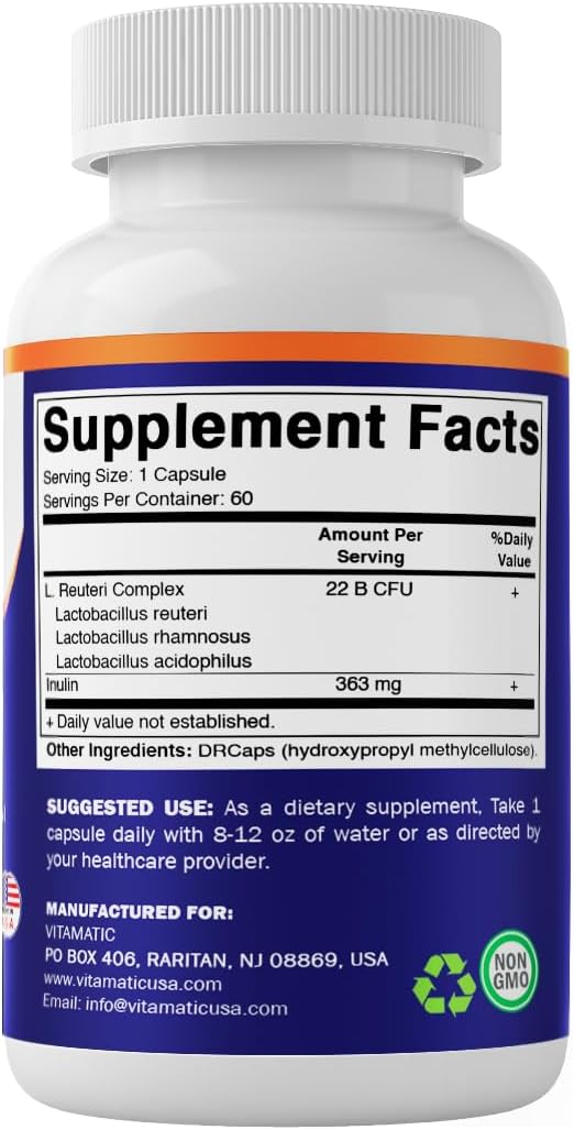 Vitamatic Lactobacillus Reuteri Complex – 22 Billion CFU per Delayed Release Capsule – 60 Capsules – Digestive &amp Gut Health Support – with Prebiotic Inulin Fiber - 2 Pack