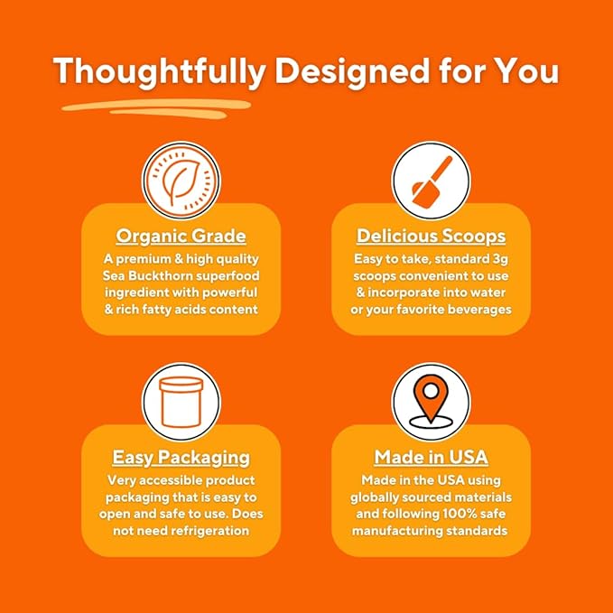 Organic Sea Buckthorn Extract Powder with Natural Omega 7 &amp Omega 3 6 9 for Heart Health Skin Immune Support - 100g Powder Supplement &amp 33 Day Supply - Non-GMO Gluten-Free Vegan-Friendly