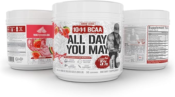 5% Nutrition Rich Piana AllDayYouMay BCAA Powder | Premium Intra &amp Post Workout Amino Acids EAA Electrolytes | Hydration Endurance Recovery | Vegan &amp Keto | 16.9 oz 30 Srvgs (Watermelon)