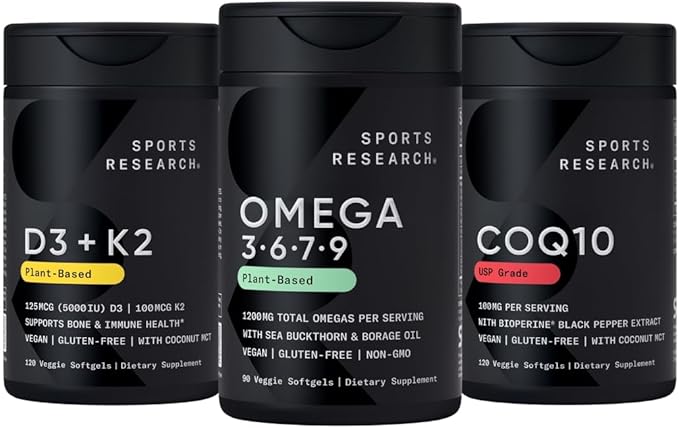 Sports Research® Vegan Supplements Pack - Vegan Omega 3-6-7-9 - 1200 mg of Multi-Spectrum Omega Fatty Acids + D3 + K2 + CoQ10 (100mg)
