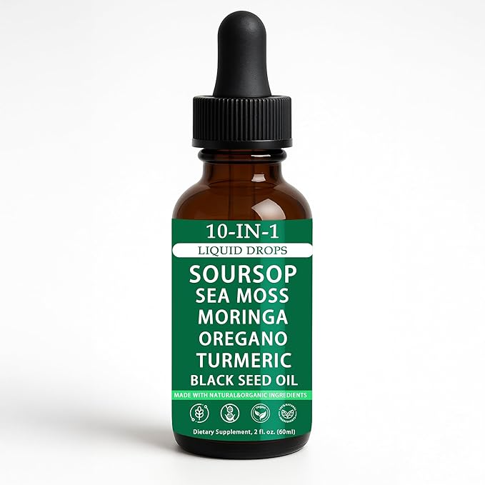 Soursop Drops - 10-in-1 Soursop Extract Liquid Drops with Sea Moss Moringa Turmeric Oil Black Seed Oil Oregano for Overall Health Joint Support Vegan Non-GMO 2 Fl Oz
