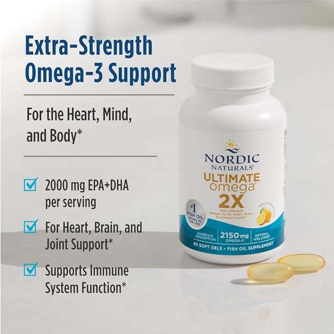 Nordic Naturals Ultimate Omega 2X Lemon Flavor - 120 Soft Gels - 2150 mg Omega-3 - High-Potency Fish Oil with EPA &amp DHA - Promotes Brain &amp Heart Health - Non-GMO - 60 Servings
