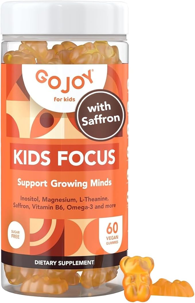 GOJOY NATURALS Kids Focus Gummies – Saffron Magnesium Glycinate L-Theanine &amp Inositol Supplement for Kids &amp Teens – Focus Attention &amp Calm – Vegan Sugar-Free Non-GMO