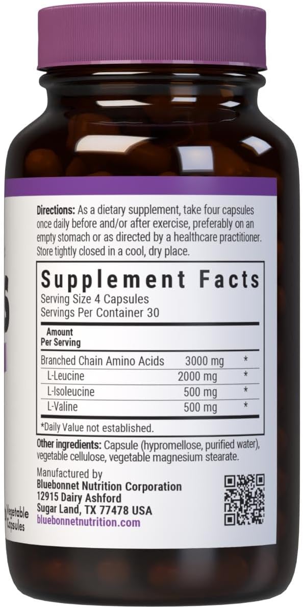 Bluebonnet Nutrition BCAAs 4:1:1 Ratio Muscle Performance* Muscle Health* Muscle Repair* Non-GMO Vegan Kosher Certified Gluten-Free Soy-Free Dairy-Free 120 Vegetable Capsules 30 Servings