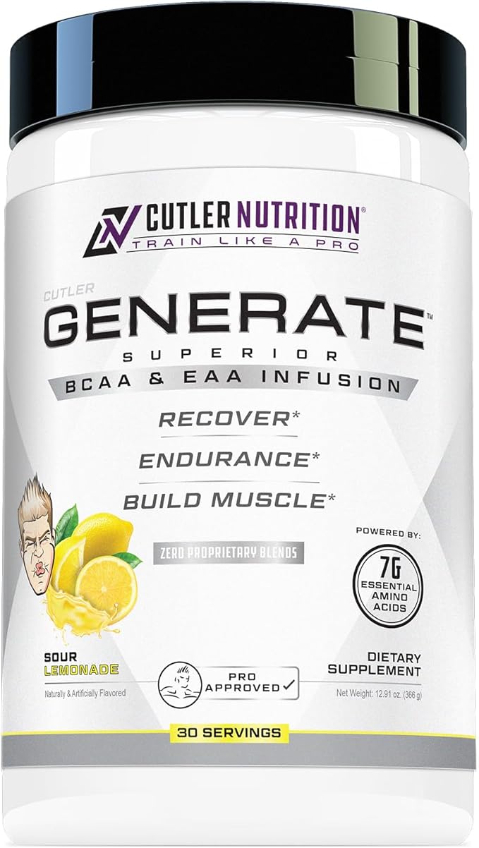Cutler Nutrition Generate EAA and BCAA Powder: Best Branched Chain Amino Acids Supplement with Essential Amino Acids 5g BCAAs 2g EAAs for Lean Muscle Mass | Sour Lemonade 30 Servings