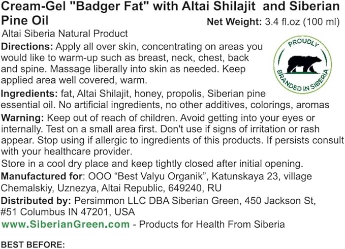 Cream-Gel “Badger Fat” with Altai Shilajit and Siberian Pine Oil and Pine Resin 100ml