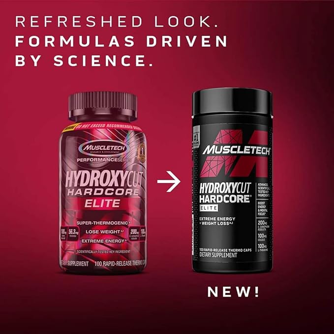 Hydroxycut Hardcore Elite - 100 Rapid-Release Thermo Caps - Energy &amp Focus - for Men &amp Women - 50 Servings (Pack of 2)