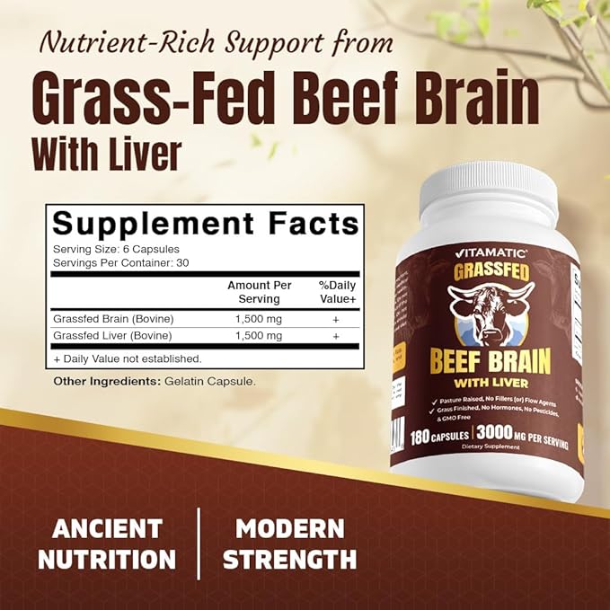 Vitamatic Grass-Fed Beef Brain with Liver 180 Capsules – Freeze-Dried Non-GMO Bovine Liver Supplement – Pasture-Raised Glandular-Based Formula