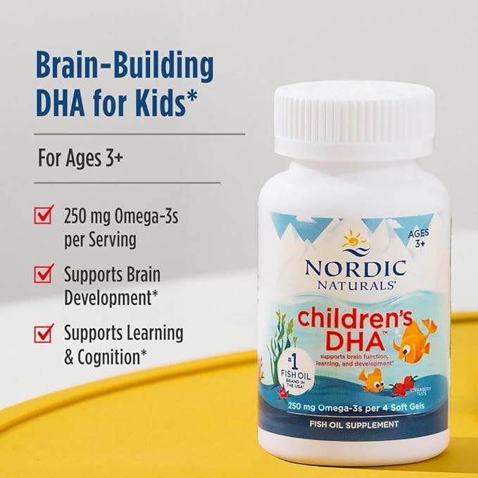 Nordic Naturals Children’s DHA Strawberry - 120 Mini Chewable Soft Gels for Kids - 250 mg Omega-3 with EPA &amp DHA - Brain Development &amp Function - Non-GMO - 30 Servings (Pack of 2)