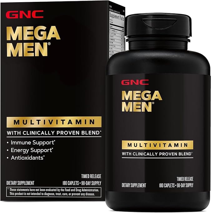 GNC Mega Men Multivitamin Caplets Clinically Proven to Feel Better Immune Support Energy Support Antioxidants B Vitamins Vitamin D-3 Timed Release 180 count 90 day supply