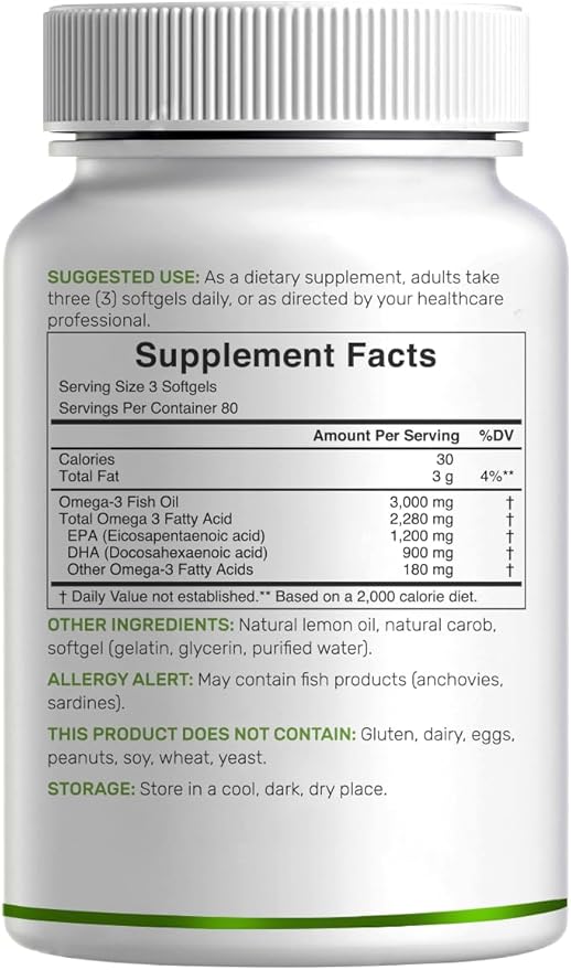 DEAL SUPPLEMENT Omega 3 Fish Oil Supplements 3000mg Per Serving 240 Softgels – EPA 1200mg + DHA 900mg – Burpless Pills Lemon Flavored Wild Caught – Brain &amp Heart Support – Mercury Free Non-