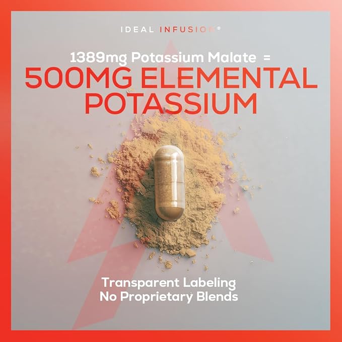 Potassium Malate 1389mg - ATP Production &amp Cellular Energy Electrolyte Balance - Elemental Potassium 500mg (240 Capsules) Vegan