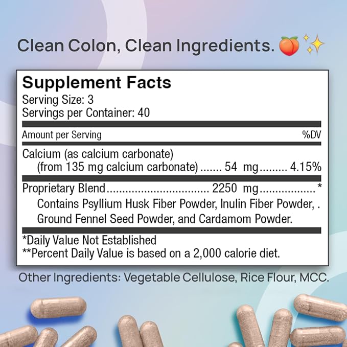 Vegan Cleanliness Fiber Supplement | Helps Promote Digestive Regularity | Psyllium Husk Inulin Cardamom Fennel Seed Calcium Carbonate | Proprietary Formula | 120 Vegan Capsules