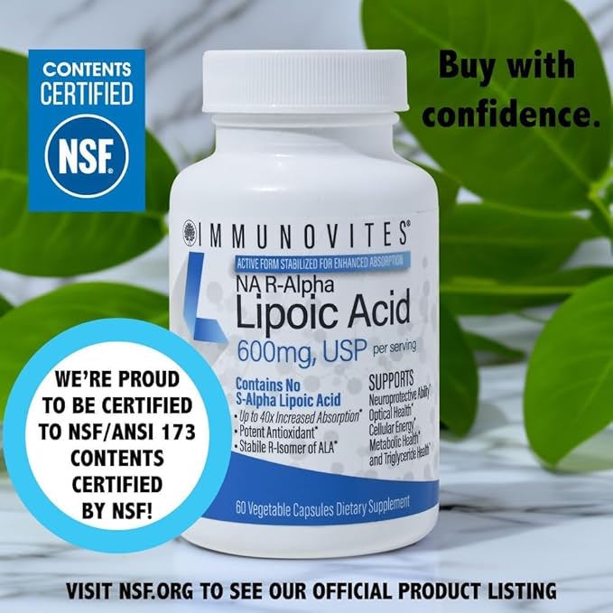 IMMUNOVITES 3-Pack Stabilized R-Alpha Lipoic Acid ((True)) 600mg per Serving [[High Potency &amp up to 40x Increased Absorption]] (Na R-ALA) (Na R-LA) (Na R-Lipoate) (3 Bottles)