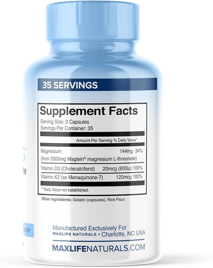 Max-Mag Magnesium L-Threonate Supplement - 105 Capsules Made in USA- Magtein 2000mg Complex with Vitamin D3 and K2 for Sleep Mood &amp Brain Magnesium L Threonate Capsules Nutrition by MaxLife Natur