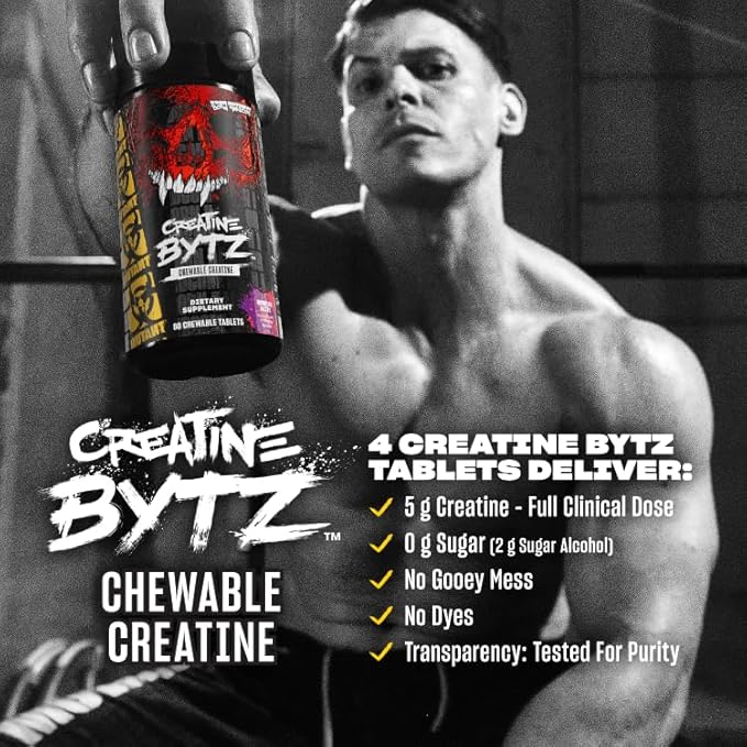 Mutant Creatine Bytz – Sugar-Free Chewable Creatine Tablets for On-The-Go Use – 5g Creatine Monohydrate Per Day – Pre Workout &amp Post Workout Protein Support – 80 Tablets – Berried Alive
