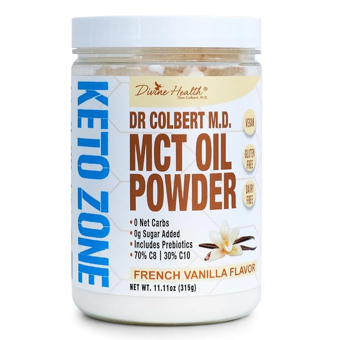 Dr. Colbert MD MCT Oil Powder | French Vanilla Flavor | by Divine Health | Keto Zone | 70% C8 | 30% C10 | 0 Net Carbs | Gluten Free | 30 Day Supply | 315g