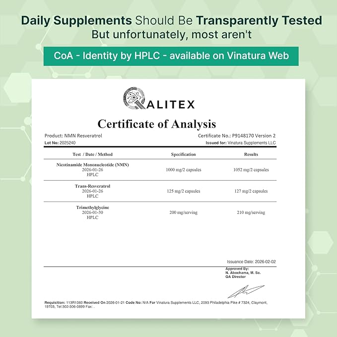 VINATURA NMN Complex Supplement 1325MG - NMN 1000mg with Resveratrol and TMG Support NAD+ 60 Capsules