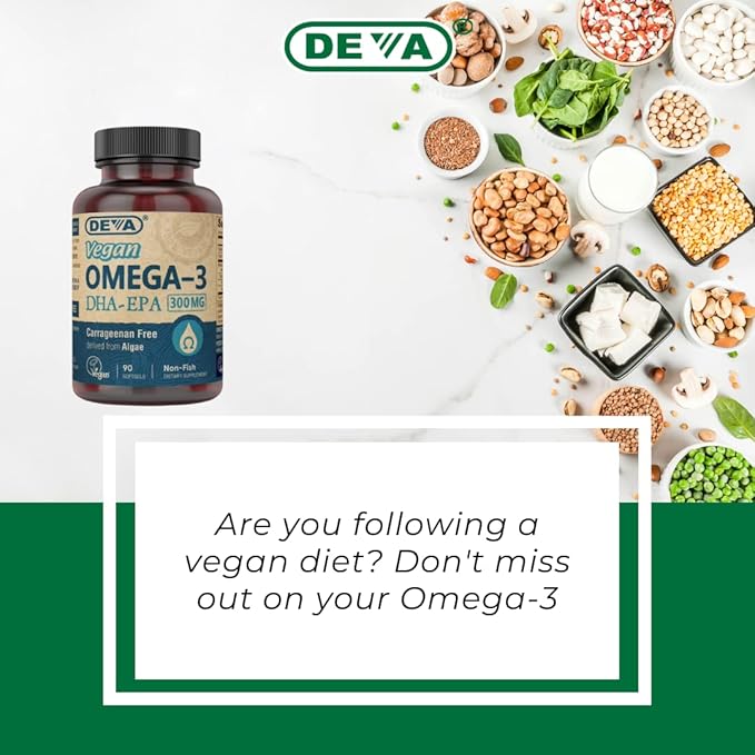 DEVA Vegan Omega-3 DHA-EPA 300MG 2-Pack – No Carrageenan Non-Fish Oil Derived from Algae Non-GMO 90 Gelatin-Free Softgels Ea