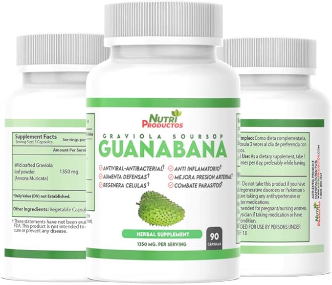 Nutrisalud Products Capsulas de Guanabana Extra potente 1350mg per Serving. Set de 2 frascos con 90 Cap c/u. Aumenta Defensas Anti Inflamatorio Mejora Presion Arterial Regenera Celulas.