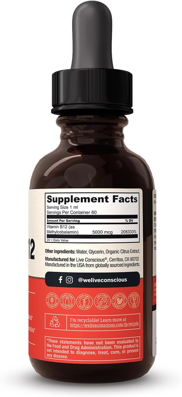 Live Conscious Vegan Vitamin B12 Sublingual Liquid Drops Methylcobalamin Max Strength B12 5000mcg Formula - Vegan B 12 Vitamin Support Energy Promote Memory &amp Aid Immune System (2 Pack)