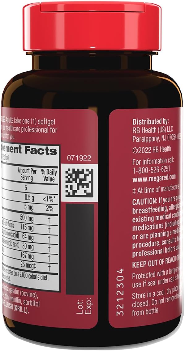 MegaRed Extra Strength 500mg Omega-3 Krill Oil Supplement with EPA/DHA No Fishy Aftertaste Supports Heart Health 80 Count Softgels (2 Pack)