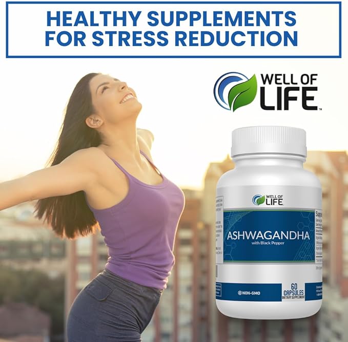 Well of Life Ashwagandha Supplements 1300mg Per Serving – with Black Pepper Extract for Calm Focus &amp Sleep Support | 60 Vegan Capsules Non GMO GMP Certified USA Made