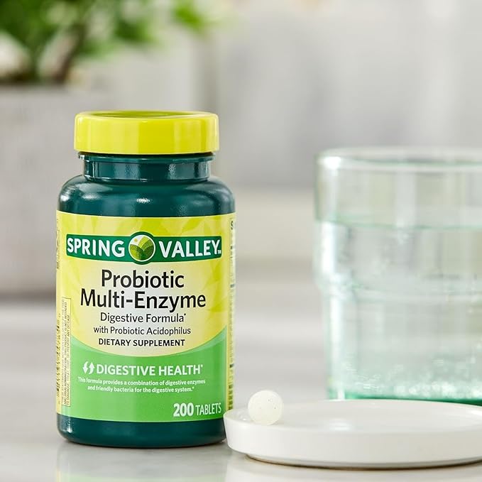 Spring Valley Probiotic Multi Enzyme- Digestive Formula 200ct Tablets with acidophilus for Gut Health (Pack of 1) Set by Basket Goods