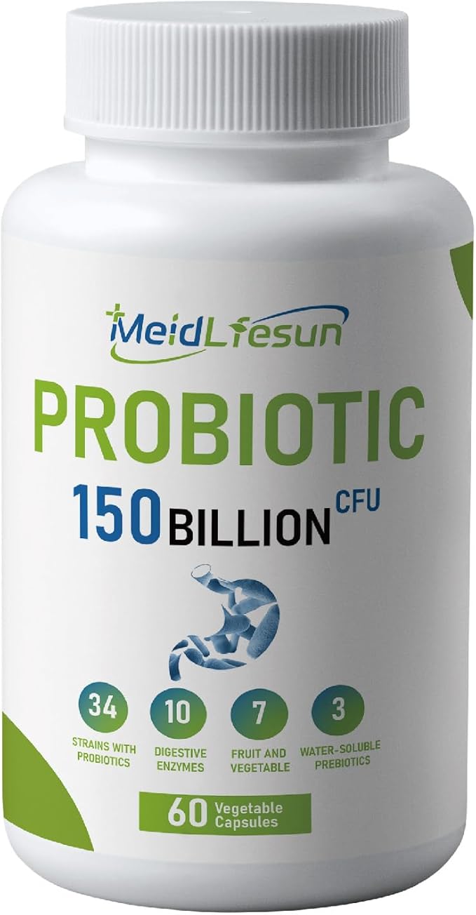 Organic Probiotic and Prebiotics150 Billion CFU 34 Strains Digestive Enzymesfor Men and Women 60 Vegan Capsules for Gut Health &amp Digestive Support Non-GMO Gluten Free