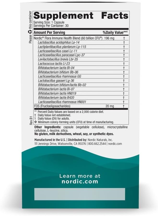 Nordic Naturals Nordic Flora Probiotic Immune Health 30 Capsules 15 Probiotic Strains for Immune and Digestive Health Support Vegan 30 Servings
