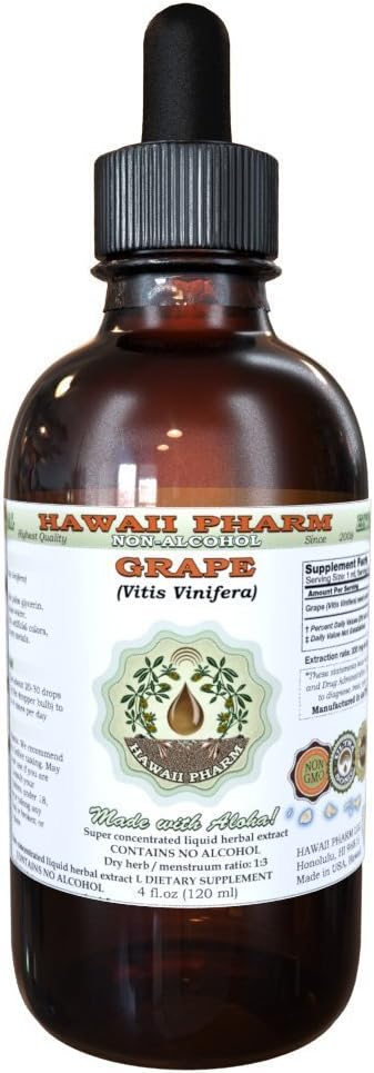 Hawaii Pharm Grape Alcohol-Free Liquid Extract Grape (Vitis Vinifera) Dried Seed Glycerite Natural Herbal Supplement 2 oz