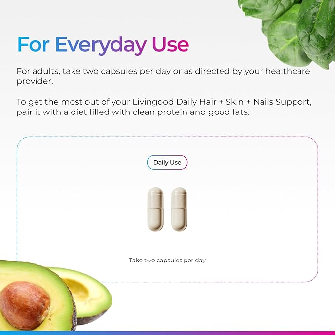 Livingood Daily Hair Skin &amp Nails Supplement 14-in-1 Formula with Biotin Collagen Keratin Bamboo Selenium Folate B12 Zinc and More Beauty Supplement for Women &amp Men Gluten Free 60