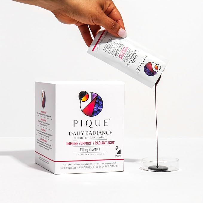 PIQUE Daily Radiance Liposomal Vitamin C for Immune Support - 1000 mg Vitamin C &amp 1900 mg Elderberry per Packet Powerful Antioxidants for Healthy Collagen Production - 28 Packets (10mL Each)