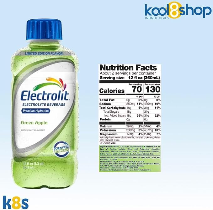 Electrolit Green Apple Hydration Drink With Electrolytes 21 fl oz Plastic Bottles 9 Pack + 1 Microfiber Cooling Towel by KOOL8SHOP Infinite Deals
