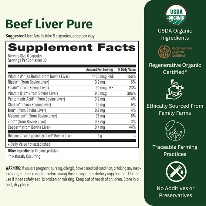 Beef Liver Pure – Regenerative Organic Certified Grass-Fed Liver Supplement – Natural Source of Iron Vitamin A &amp B12 – Supports Energy Metabolism &amp Vitality – 180 Capsules