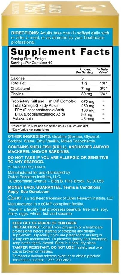 Qunol Advanced Omega 3 Krill and Fish Oil Complex 10x Better Bioavailability One Pill Dose 250mg EPA &amp DHA Supports Brain Eye Heart and Joint Health 60 Count (Pack of 1)