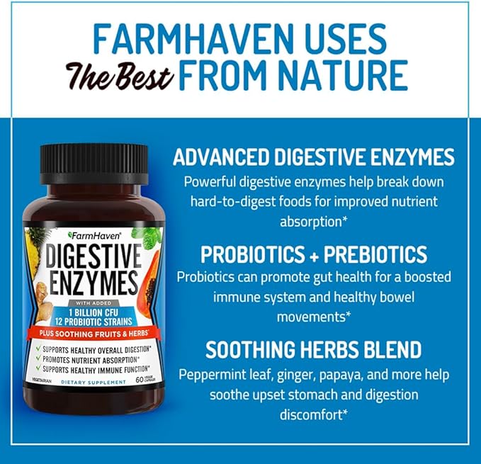 FarmHaven Digestive Enzymes with 18 Probiotics &amp Herbs | Papaya Bromelain Protease &amp More for Lactose Absorption &amp Better Digestion | Helps Bloating Gas Constipation | Vegetarian 60 C