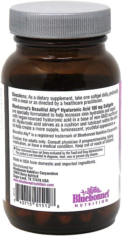 Bluebonnet Nutrition Beautiful Ally Hyaluronic Acid 100mg Nurture Radiant Skin* Non-GMO Gluten-Free Soy-Free 90 Softgels 90 Servings