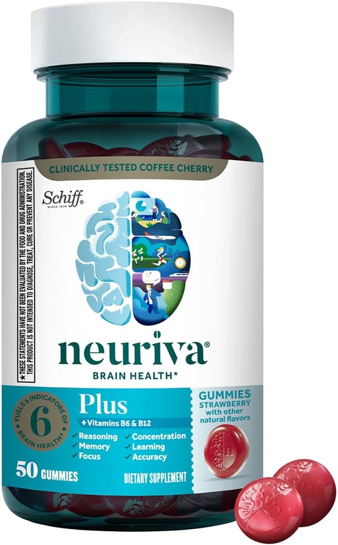 NEURIVA Plus Decaffeinated Nootropic Brain Supplements for Memory Focus Concentration Cognitive Function Clinically Tested NeuroFactor Phosphatidylserine Vitamins B6 B12 50ct Strawberry Gummies