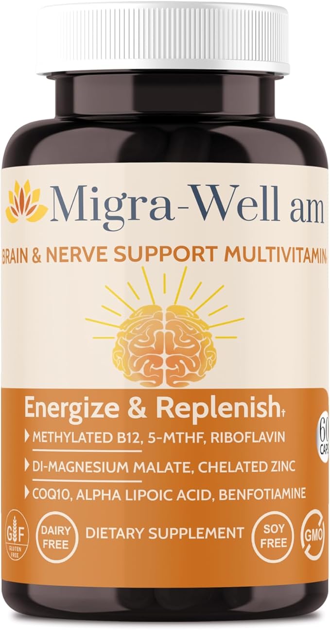 Migra-Well AM: Energizing Daily Methylated Multivitamin with Bioavailable Minerals &amp Antioxidants Supporting Brain &amp Nerve Health for Women and Men - Without Iron (60 Capsules)