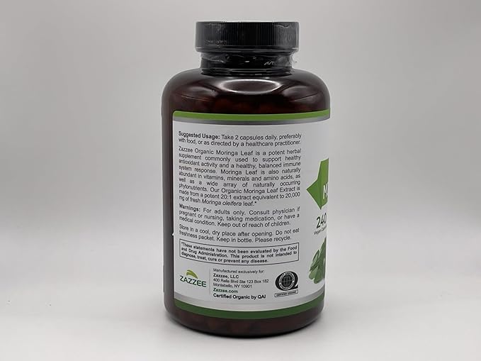 Zazzee USDA Organic Moringa Leaf 20:1 Extract 1000 mg Per Serving 240 Vegan Capsules 4 Month Supply Certified Kosher Moringa Oleifera Antioxidant Immune &amp Cellular Support Made in the USA